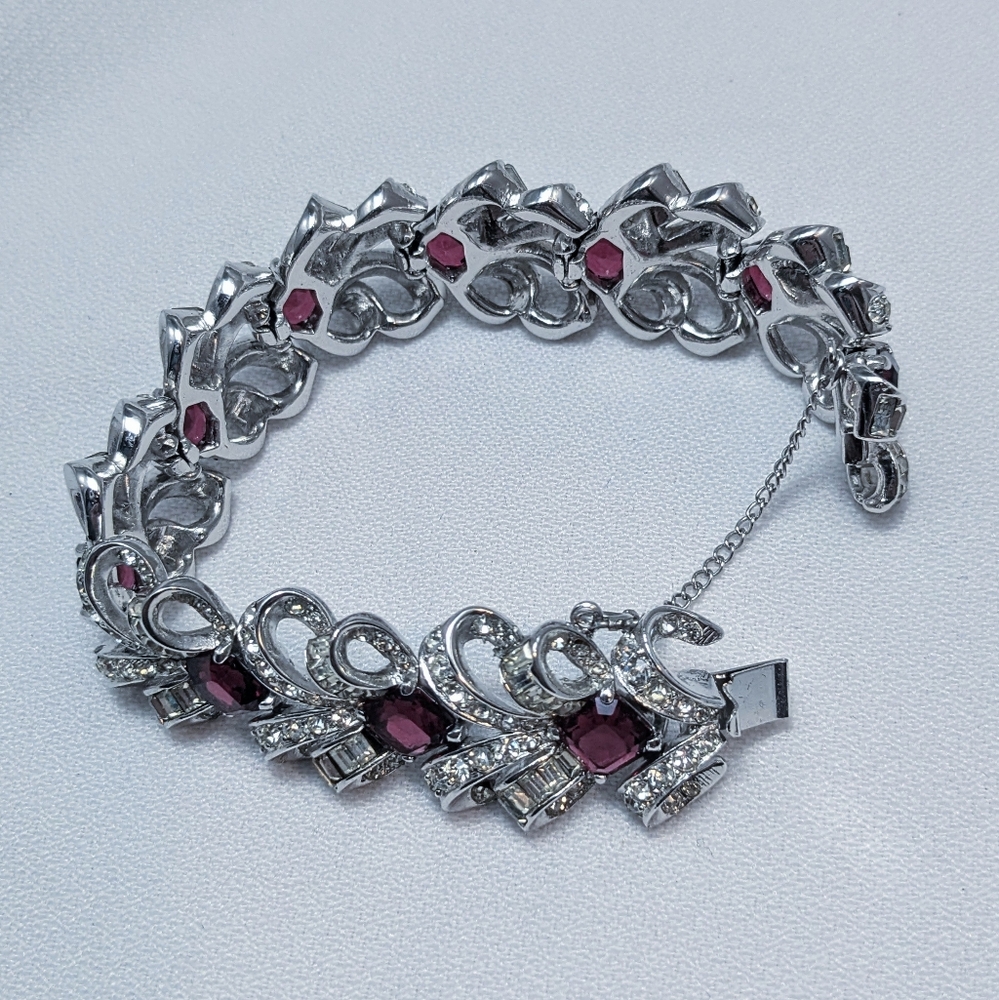 Vintage Marcel Boucher Ruby Coloured Glass Rhodium Plated Bracelet - Picture 3 of 13